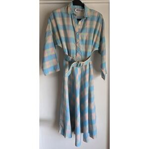 The American Shirt Dress Plaid Collared 3/4 Sleeve Midi Vintage Shirtdress